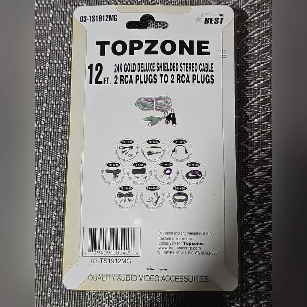 TOPZONE 12ft‎ 24K Gold Deluxe Shielded Stereo Cable 2 RCA To 2 RCA Plugs
